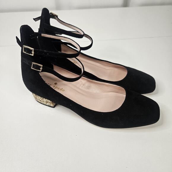 Kate Spade Black Mary Jane Suede Gold Giltter Block Heel 6M Dbl Strap Square Toe - Picture 2 of 9